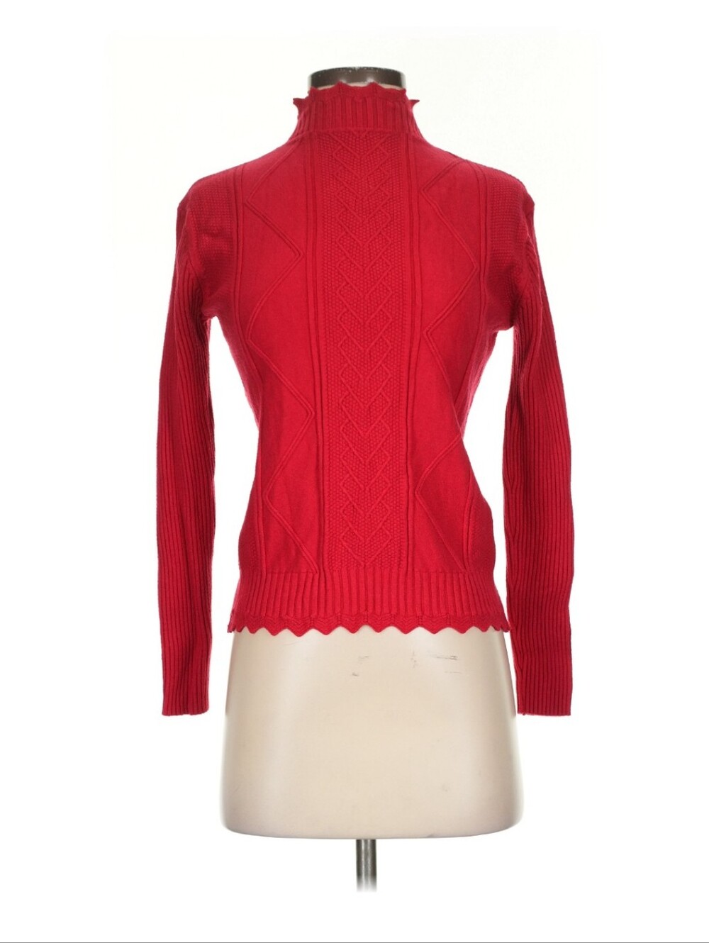 YUNA Fashion Red Cable Knit Mock Neck Sweater Scalloped Hem XS